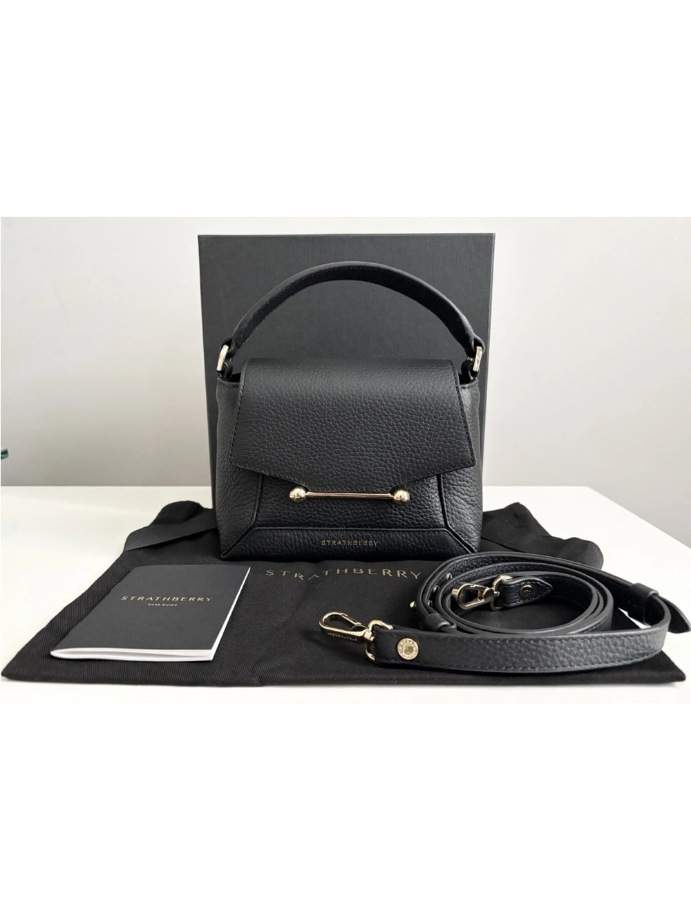 NEW Strathberry Mosaic Nano Black Leather Gold Hardware Top Handle Crossbody Bag